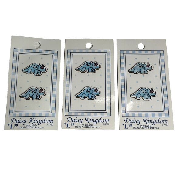 Vtg Mary Engelbreit Daisy Kingdom 2-Hole Buttons - 3 Cards Blue Dinosaur (pair) - Picture 1 of 3